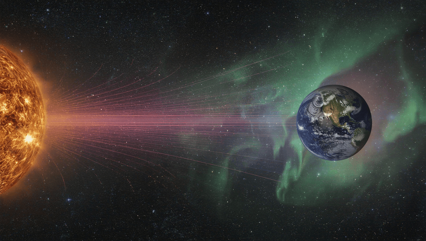 Solar wind streaming from the Sun toward Earth with auroras glowing around the planet